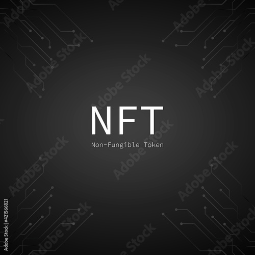 NFT banner of crypto art with pcb tracks. NFT non fungible token on black background. Crypto art. Vector illustration