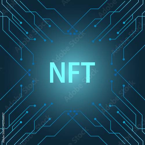 NFT banner of crypto art with pcb tracks. NFT non fungible token on blue background. Crypto art. Vector illustration