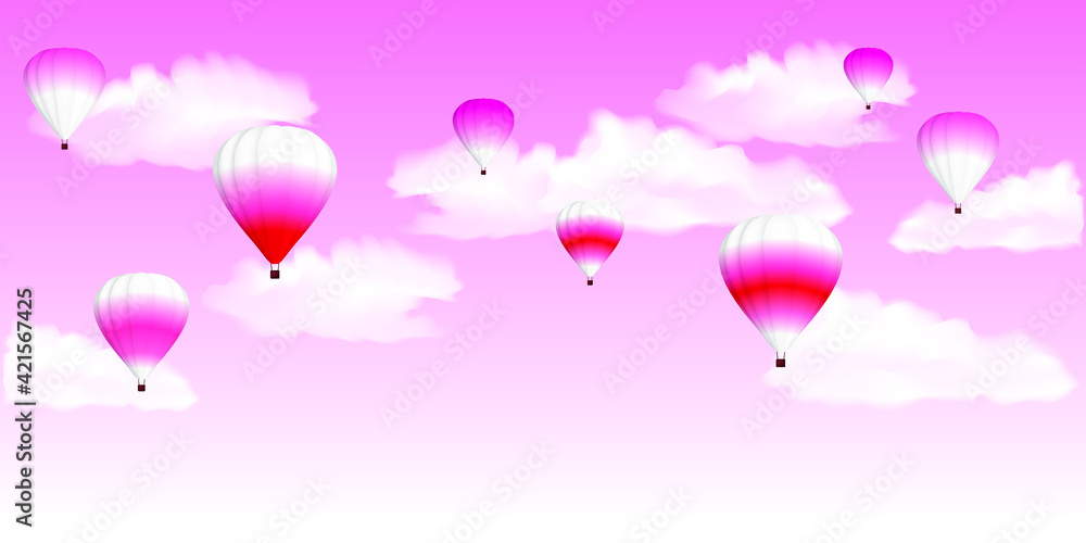Bright, multi-colored balloons on a pink sky with white fluffy clouds. Light pink background. Vector illustration