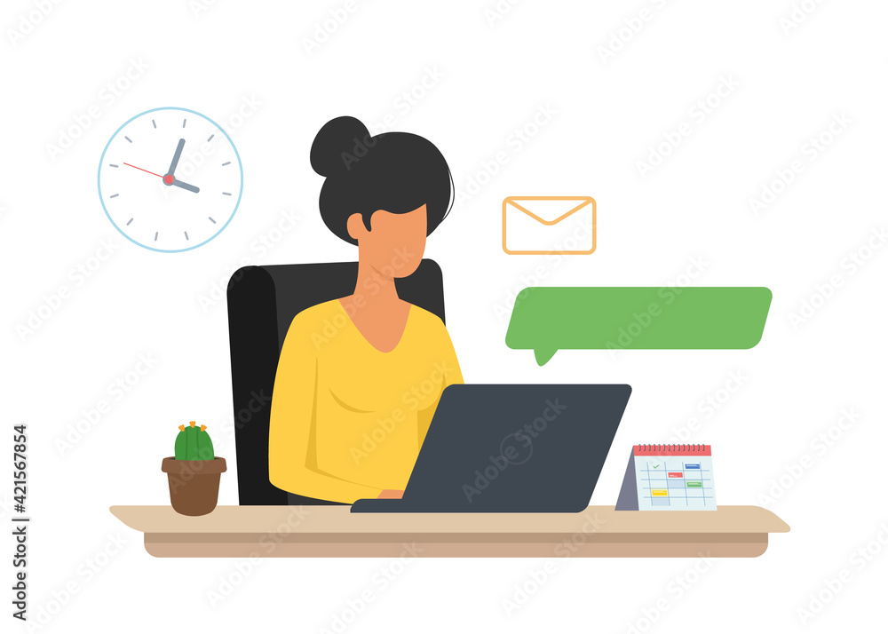 Woman at the desk working on laptop. Freelance, work from home, designer, business. Working process concept. Vector illustration on white background.
