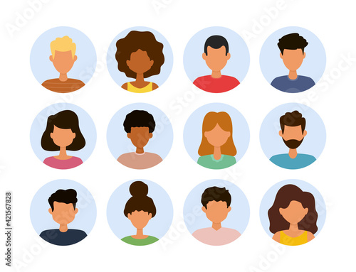 People avatar icon set. Collection portraits of multiracial man and woman. Cartoon vector illustration.