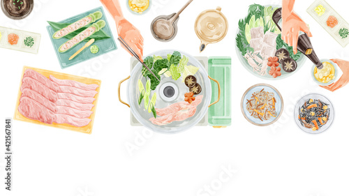 しゃぶしゃぶパーティー食事風景水彩手書きイラスト