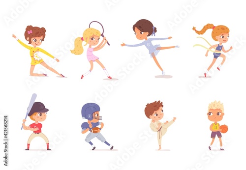 Boys and girls playing sports set. Happy kids exercising vector illustration. Children do gymnastics, figure skating, athletics, play tennis, karate, baseball, rugby, basketball on white background