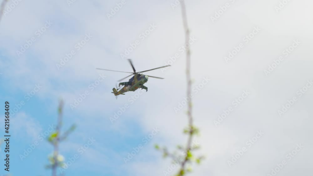 Military helicopter in the air. Helicopter slow motion close-up footage. Military helicopter in the air. Helicopter slow motion close-up footage.