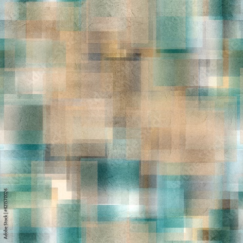 Seamless overlaid geometric shape pattern print. High quality illustration. Transparent rectangles filled with gradient colors scattered. Handmade paper texture overlay.