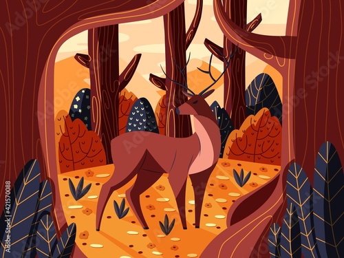 Colorful illustration portrait of beautiful red deer stag in forest at sunrise. Hand drawn wild animal. Vector.