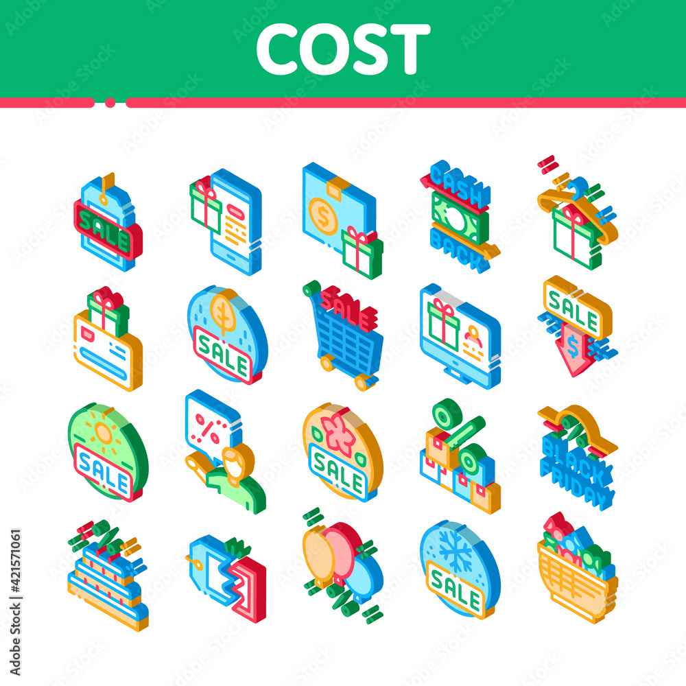 Cost Reduction Sale Isometric Icons Set Vector Cost Reduction Sale Isometric Icons Set Vector