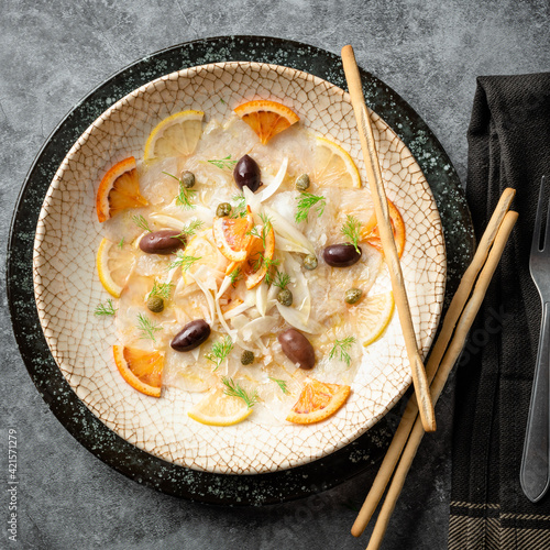cod carpaccio with kalamata olives