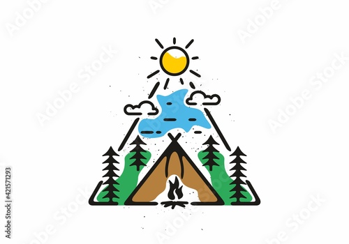 Colorful triangle shape of camping activity line art illustration