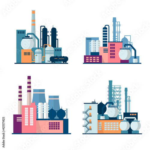 Set of industrial factory and plant buildings isolated on white background. Іcons set colorful illustration in flat style