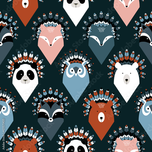 Animal native american chief with feathers, seamless pattern stock illustration. Canada, USA, Animal, Art, Backgrounds