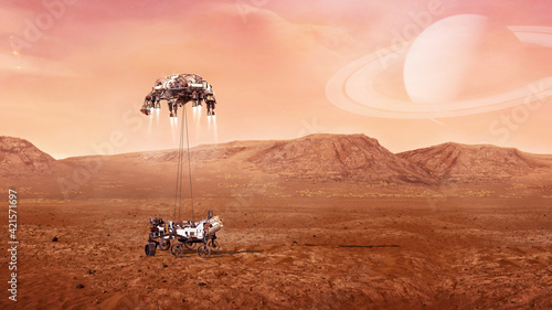 Fototapeta Naklejka Na Ścianę i Meble -  Landing of  Mars Rover on surface of red planet. Elements of this image furnished by NASA.