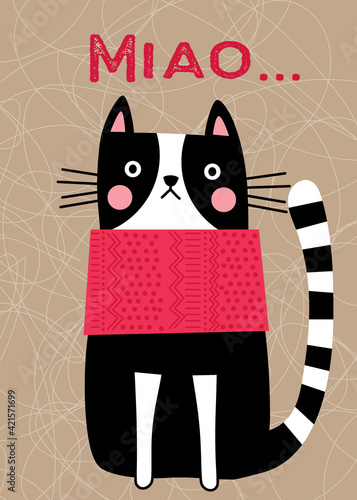 Cute cartoon animal cat with neck scarf