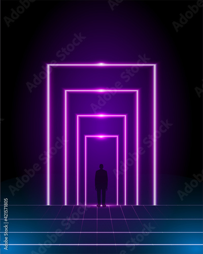 A portal in virtual reality. Vector abstract background in cyberpunk style. Vertical banner template.