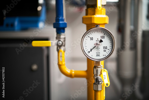 boiler room gas pressure meter closeup Pressure gauge for monitoring
