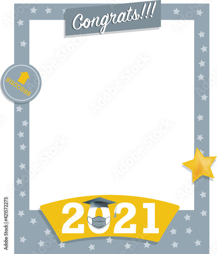 Gray and yellow photo frame poster with stars of graduation celebration with cap and gown for photoboth