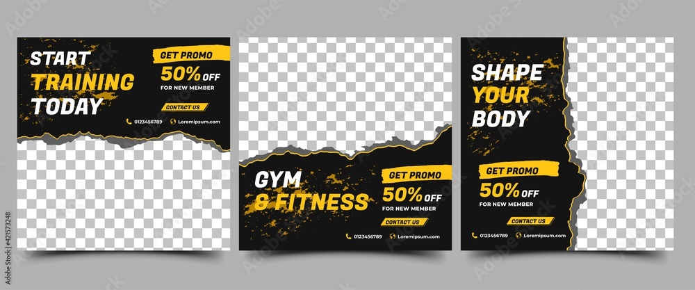 Social media post template design set for gym and fitness. Black background with abstract yellow shape. Vector design with place for photo. Suitable for social media, flyers, banner, and web internet. - obrazy, fototapety, plakaty 