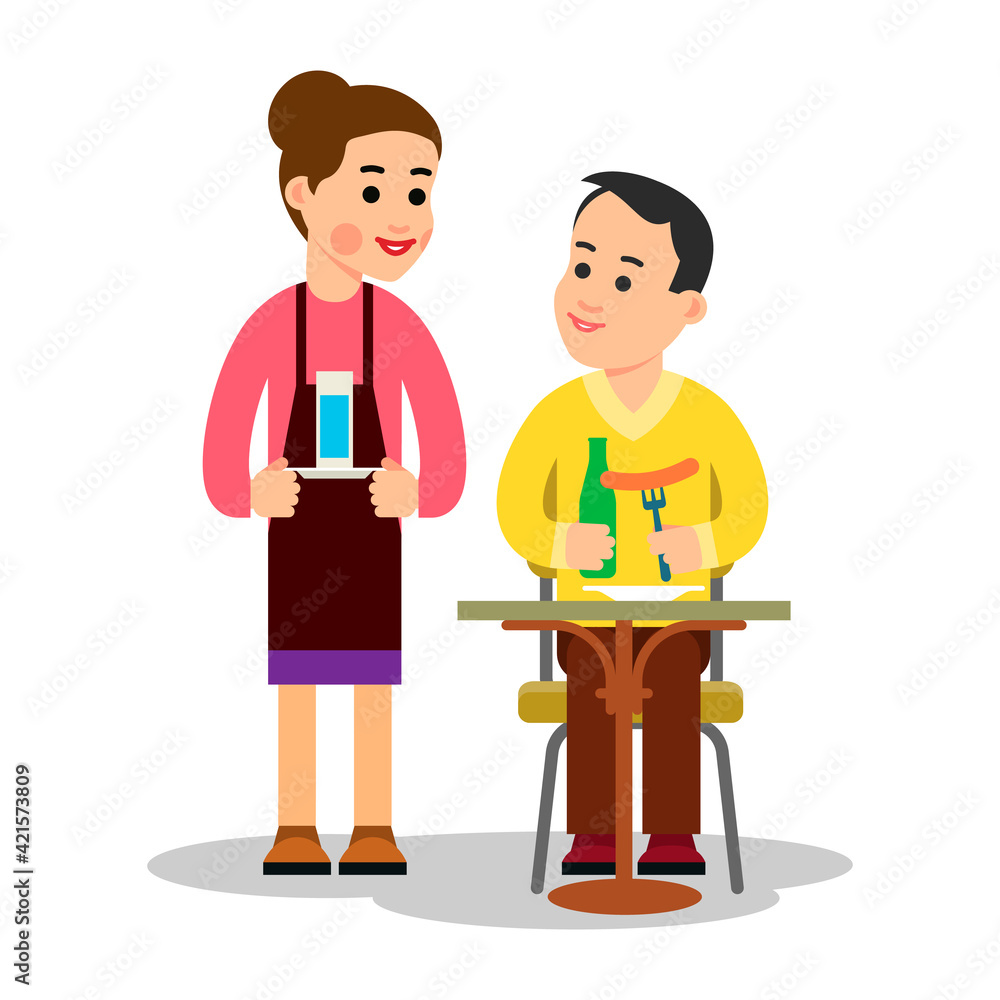 Man sits at table and eat sausage drinking a beverage. Visitor orders lunch or dinner. Waiter girl in uniform brought a glass of water. Color illustration for restaurant or cafe in flat style Man sits at table and eat sausage drinking a beverage. Visitor orders lunch or dinner. Waiter girl in uniform brought a glass of water. Color illustration for restaurant or cafe in flat style