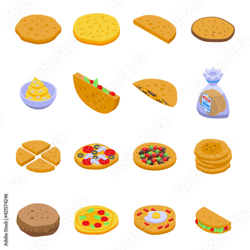 Pita bread icons set. Isometric set of pita bread vector icons for web design isolated on white background