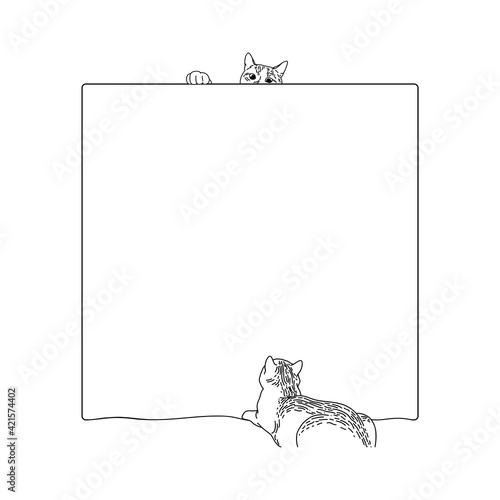 Square frame with two tabby cats, one looks out from above, the second looks at him from below. Kitten sits with its back turned and looked up carefully. Curious Pet is peeking out from border. Vector