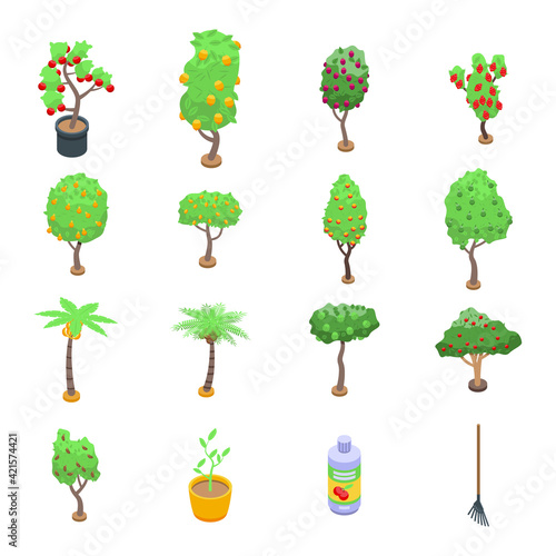 Fruit tree icons set. Isometric set of fruit tree vector icons for web design isolated on white background