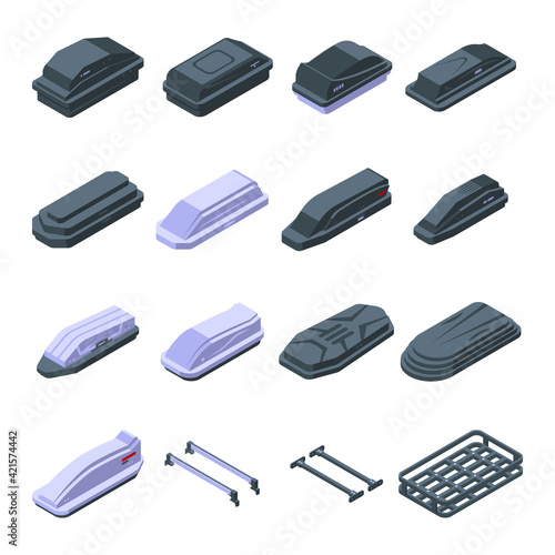 Car roof box icons set. Isometric set of car roof box vector icons for web design isolated on white background