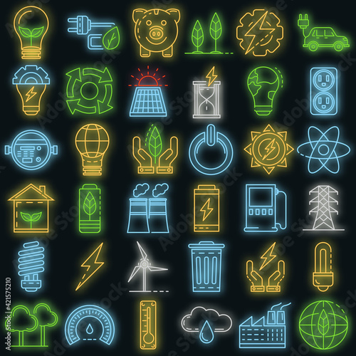 Energy saving icon set. Outline set of energy saving vector icons neon color on black