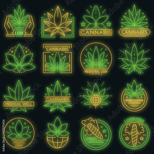 Cannabis logo set. Outline set of cannabis vector logo neon color on black