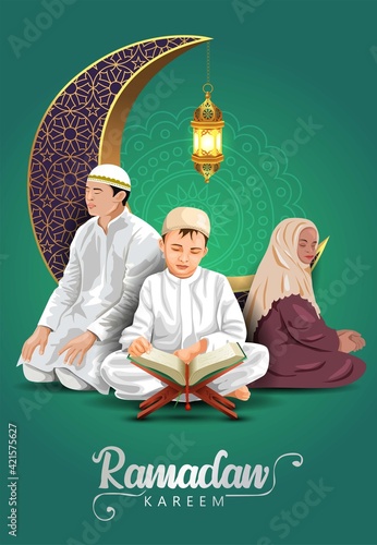 ramadan kareem and eid mubarak greetings. Islamic group of people  reading Quran vector illustration design