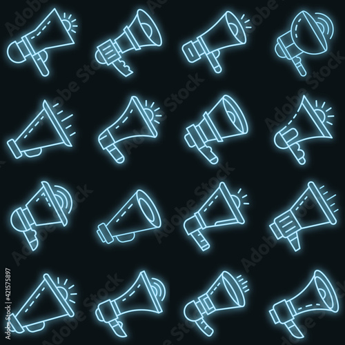 Megaphone icon set. Outline set of megaphone vector icons neon color on black