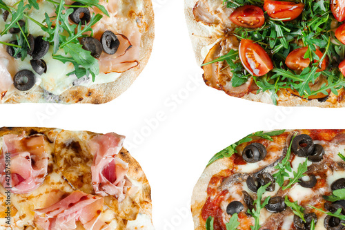 Pinsa romana gourmet italian cuisine on white background. Scrocchiarella traditional dish. Food delivery from pizzeria. Pinsa with meat, arugula, olives, cheese. photo