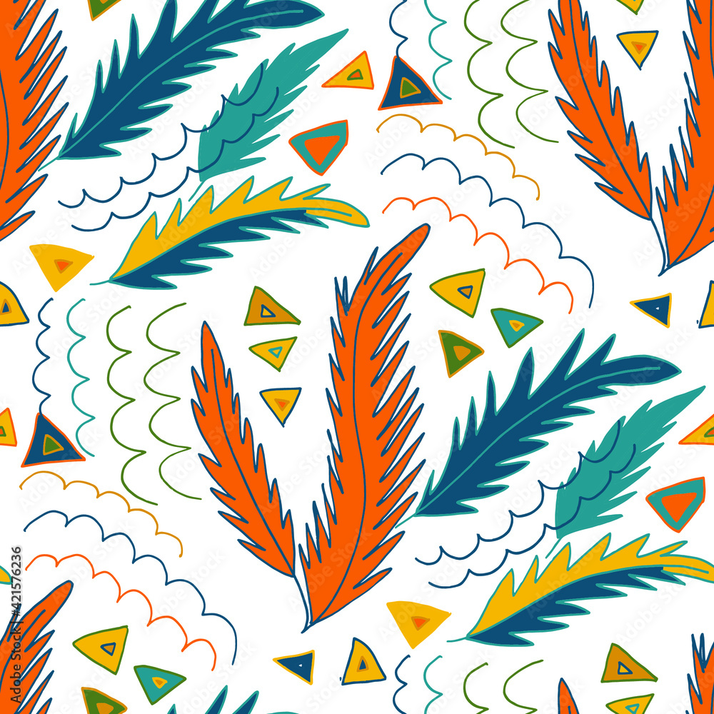 Seamless vector pattern with abstract doodles. Bright summer print. Trendy colorful background. Geometric doodles and leaves.	
