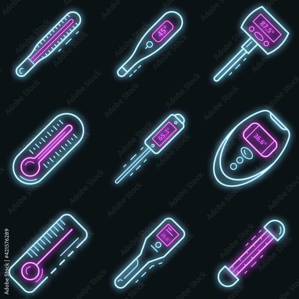 Thermometer icon set. Outline set of thermometer vector icons neon color on black Thermometer icon set. Outline set of thermometer vector icons neon color on black