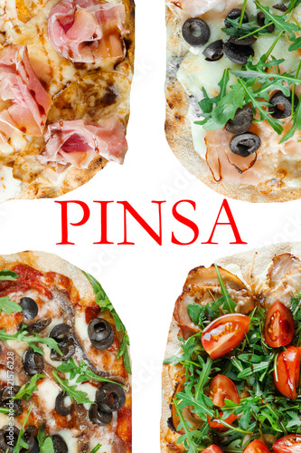 Pinsa romana gourmet italian cuisine on white background. Scrocchiarella traditional dish. Food delivery from pizzeria. Pinsa with meat, arugula, olives, cheese. photo