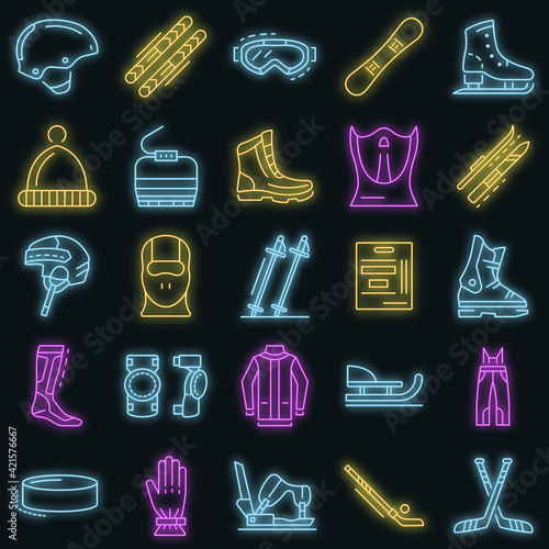 Winter sports icon set. Outline set of winter sports vector icons neon color on black