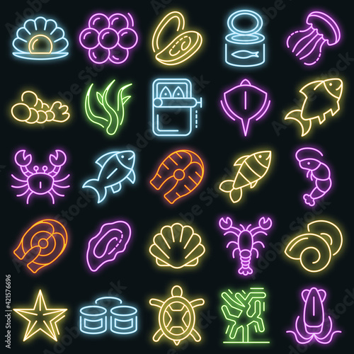 Seafood icon set. Outline set of seafood vector icons neon color on black