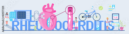 Rheumocarditis concept vector for medical website, header, blog. Heart attack, cardiac infarction with tiny doctors, cardiogram, artery, heart