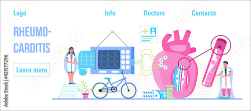 Rheumocarditis concept vector for medical website, header, blog. Heart attack, cardiac infarction with tiny doctors, cardiogram, artery, heart