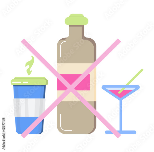 No alcohol sign concept vector. No coffee and no junk food in heath life. Diet tips for patient. Glass, wine bottle are shown.