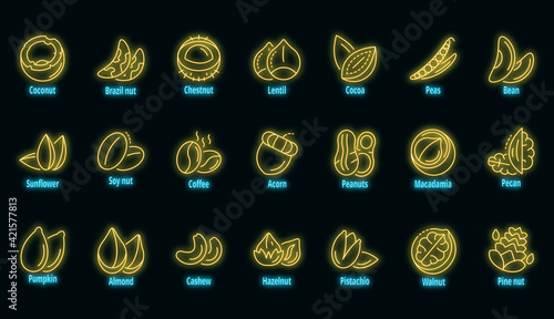 Nut icon set. Outline set of nut vector icons neon color on black