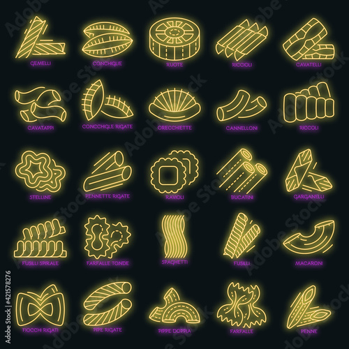 Pasta icon set. Outline set of pasta vector icons neon color on black