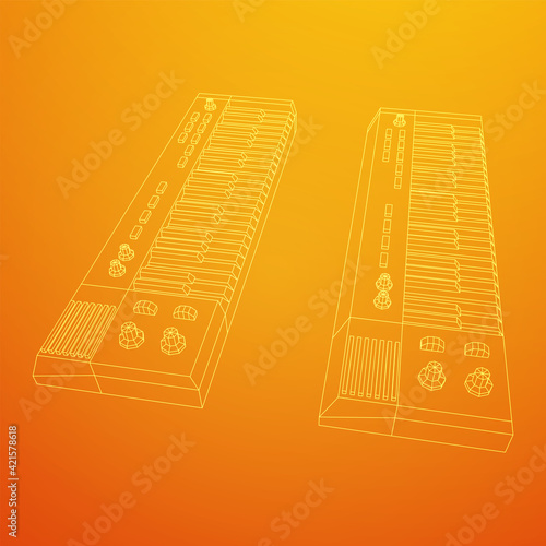Piano roll analog synthesizer faders buttons knobs. Wireframe low poly mesh