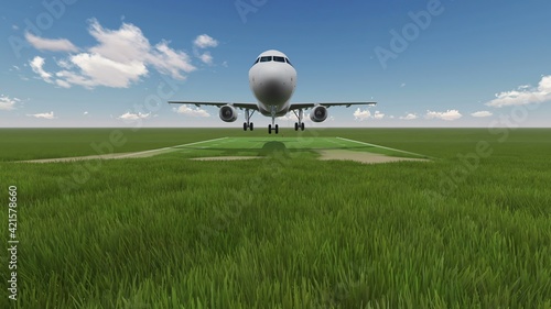 3D illustration - cinemagraph -  green field with airplane in background
