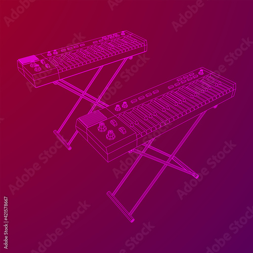 Piano roll analog synthesizer faders buttons knobs. Wireframe low poly mesh
