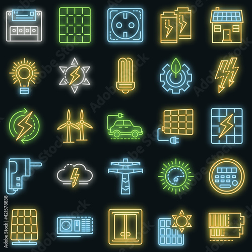 Energy equipment icon set. Outline set of energy equipment vector icons neon color on black