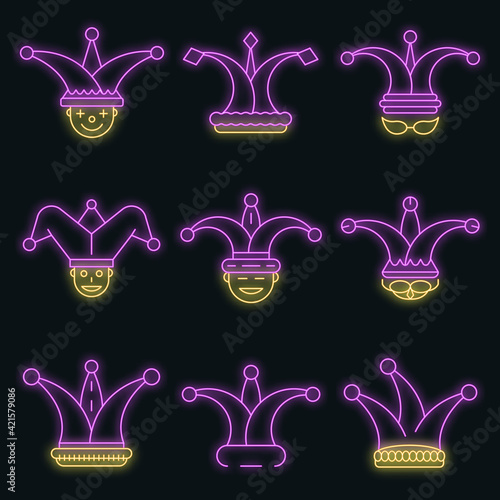 Jester icon set. Outline set of jester vector icons neon color on black