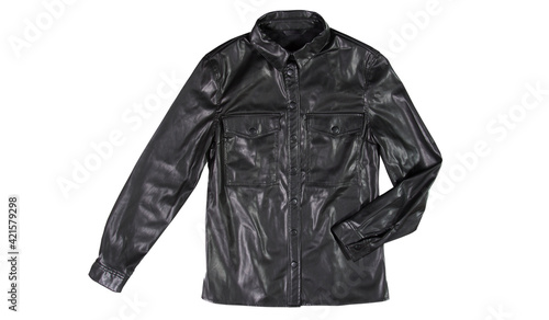 Black leather jacket isolated on white background. Classic modern leather jacket