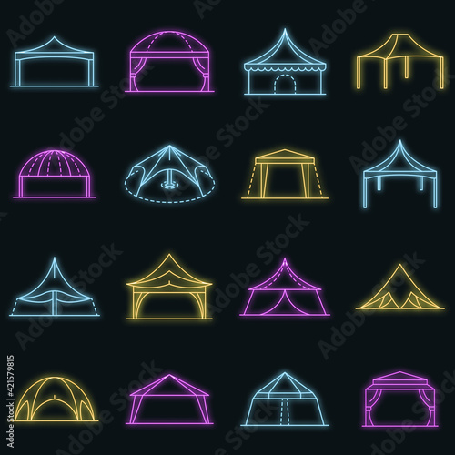 Canopy icon set. Outline set of canopy vector icons neon color on black