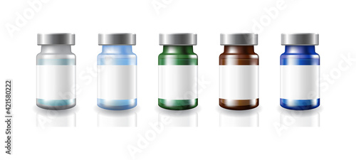 5 colors blank glass medical vaccine vials white labels with silver metal caps mockup template.