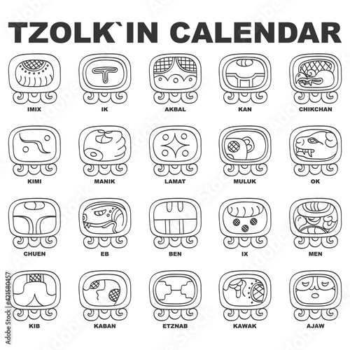 Vector icon set with Glyphs from Maya Tzolkin calendar. Calendar days symbols photo